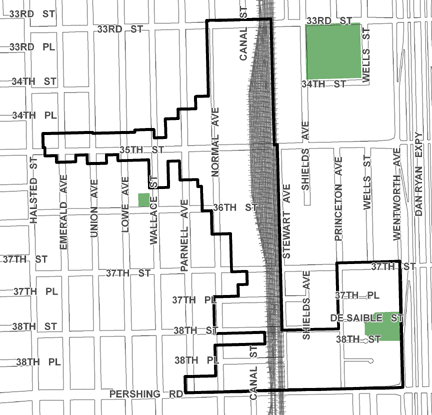 35th/Wallace TIF district, roughly bounded on the north by 33rd Street, Pershing Road on the south, Wentworth Avenue on the east, and Halsted Street on the west.